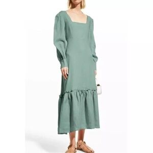 NWT HARSHMAN Bloom Long‎ Sleeve Linen Midi Dress Olive Green Buttons Size Small